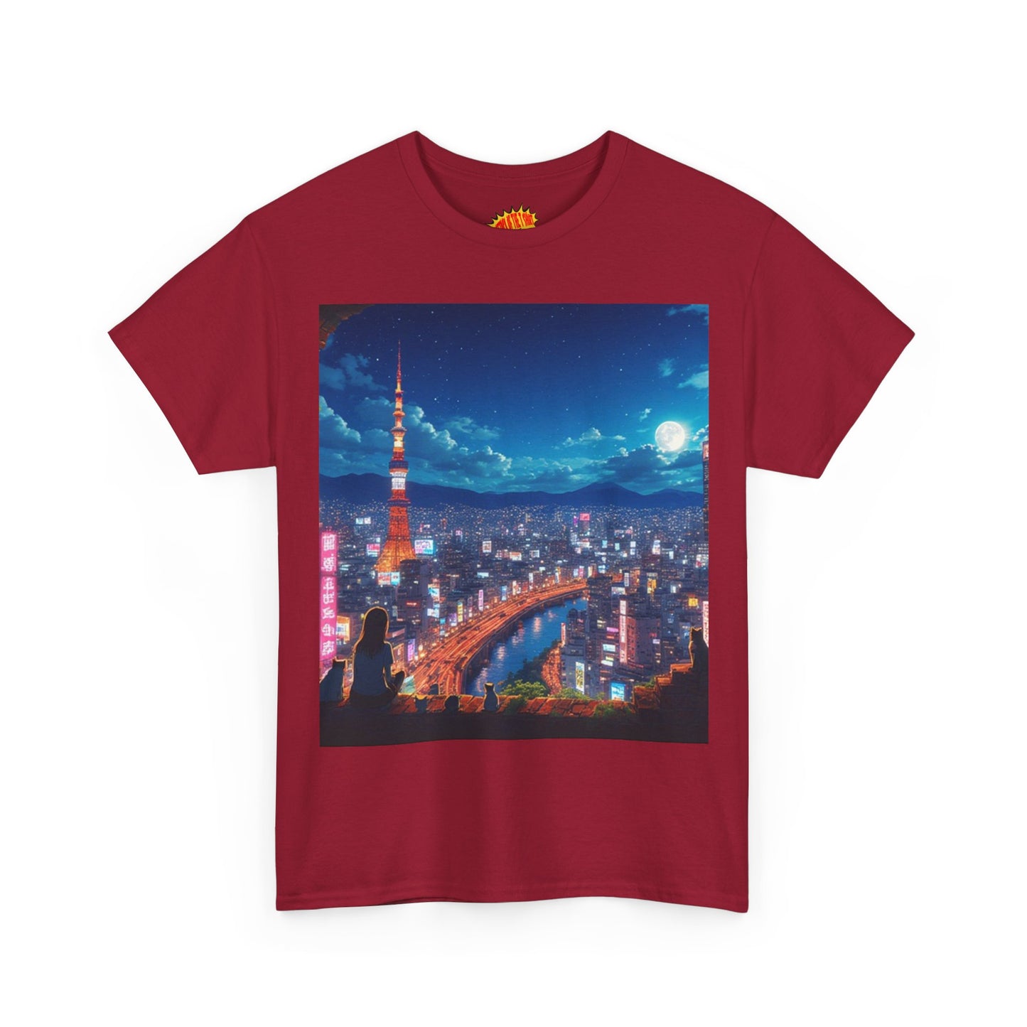 Neon Cityscape Nighttime Anime Scene w/Girl & Cats T-Shirt *Multiple Colors*
