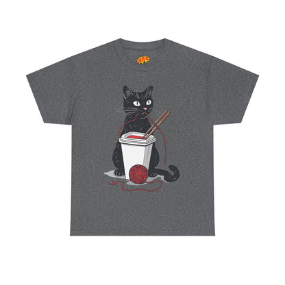 Black Cat w/Noodles + Yarn Ball Art Drawing Tee Shirt