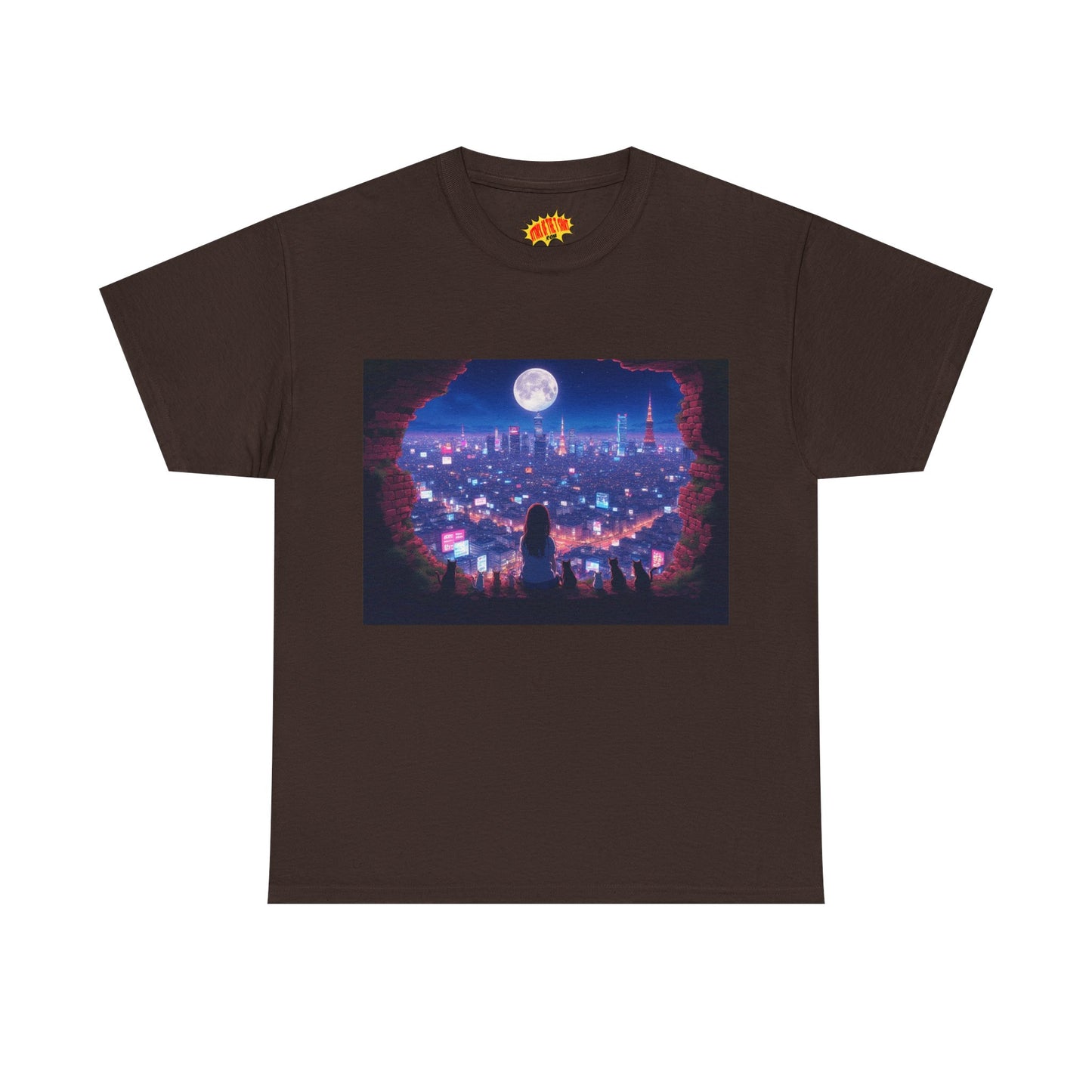 Neon Anime City Night Scene w/Girl & Cats T-Shirt *Multiple Colors*