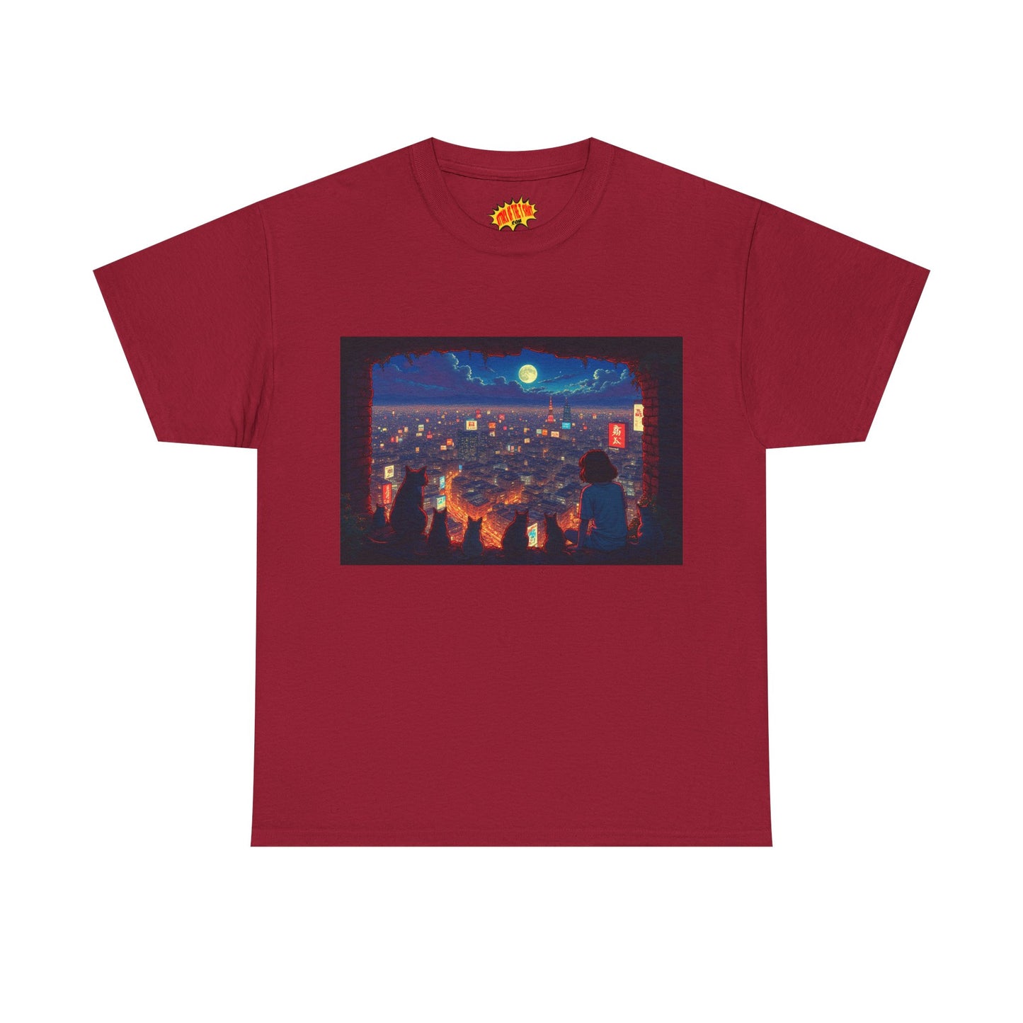 Cityscape Anime Nighttime Scene w/Girl & Cats T-Shirt *Multiple Colors*