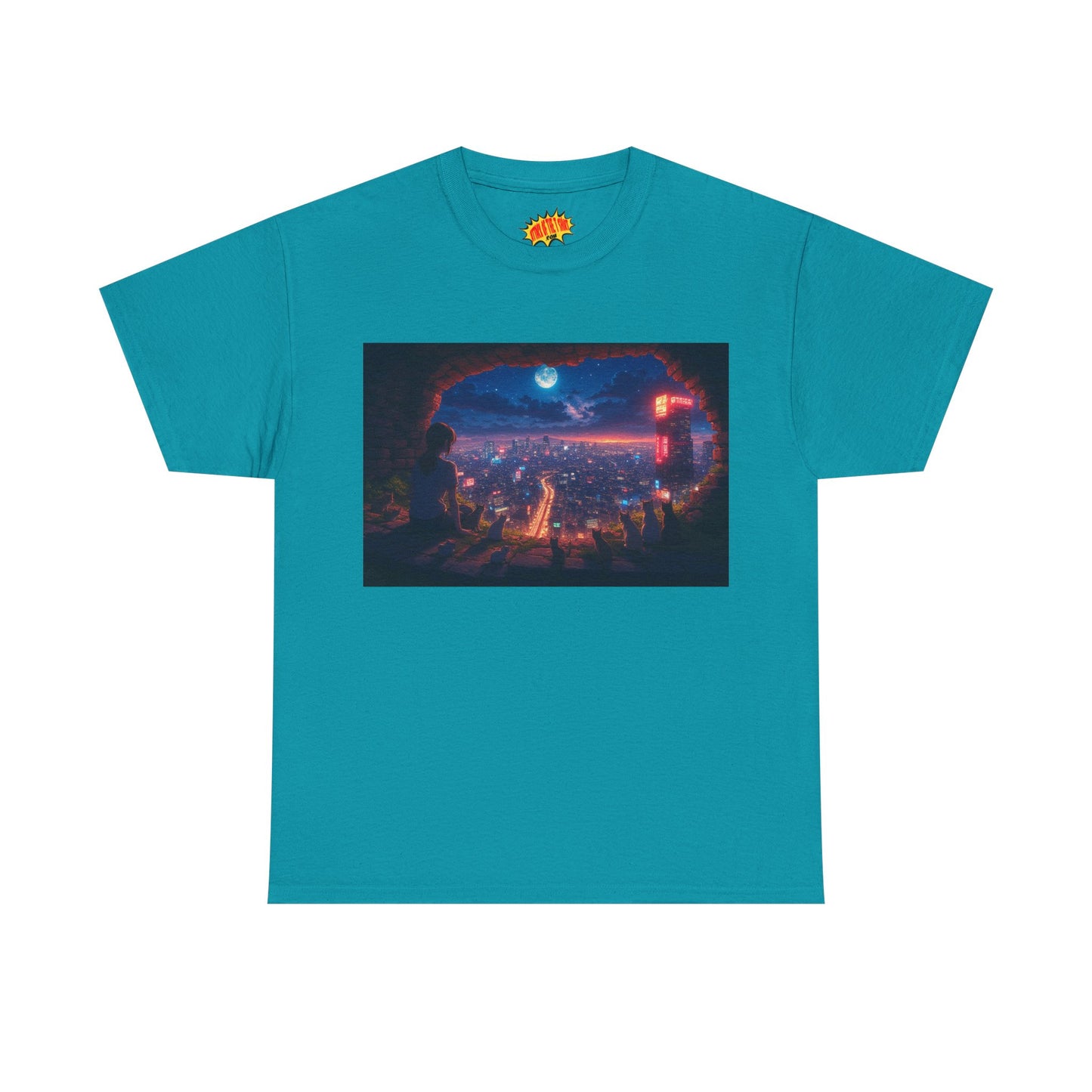 Anime Neon Cityscape Nighttime Scene w/Girl & Cats T-Shirt *Multiple Colors*
