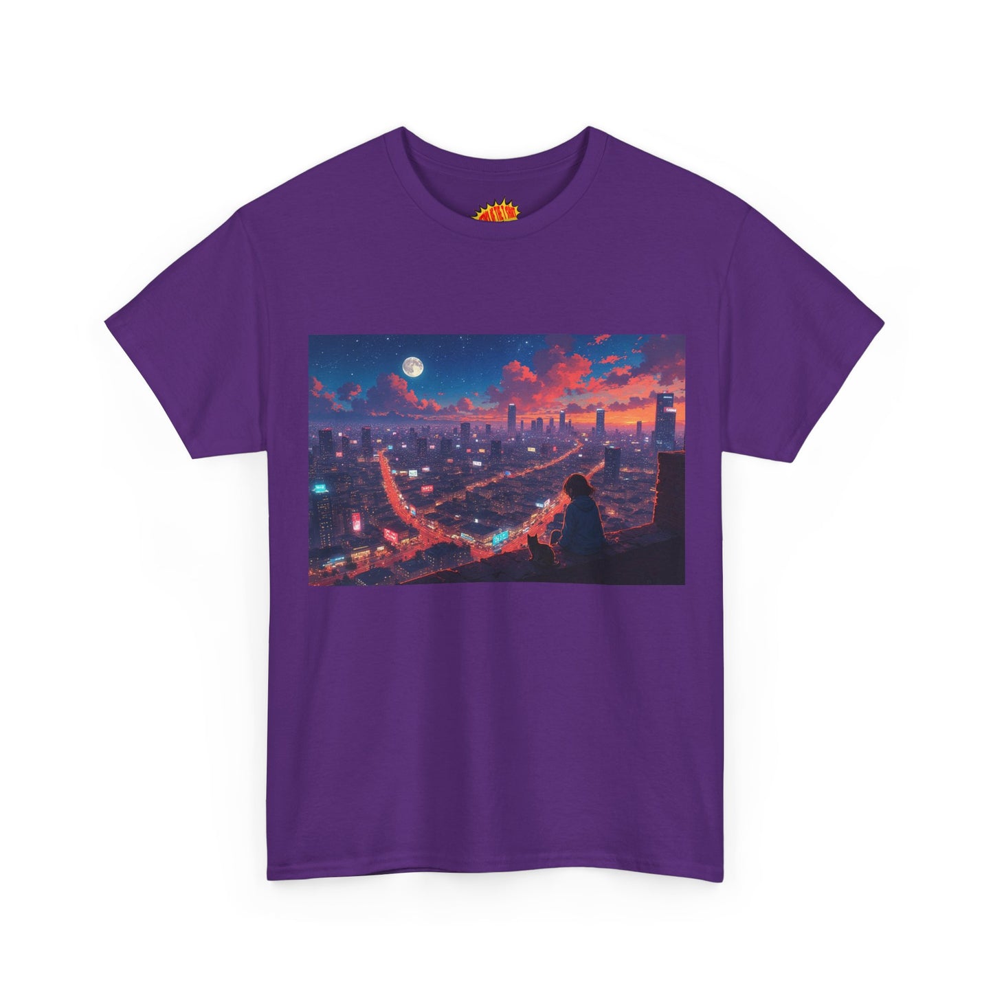 Anime City Neon Night Sky Scene w/Girl & Cats T-Shirt *Multiple Colors*