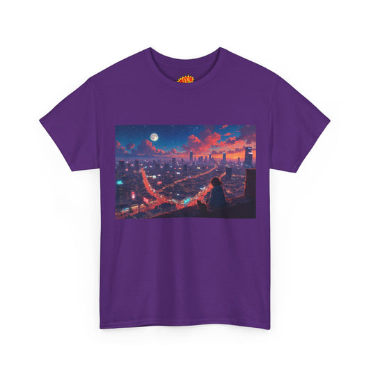 Anime City Neon Night Sky Scene w/Girl & Cats T-Shirt *Multiple Colors*