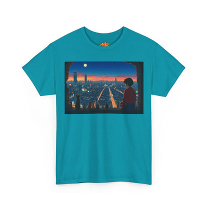 Neon Cityscape Anime Scene w/Girl & Cats T-Shirt