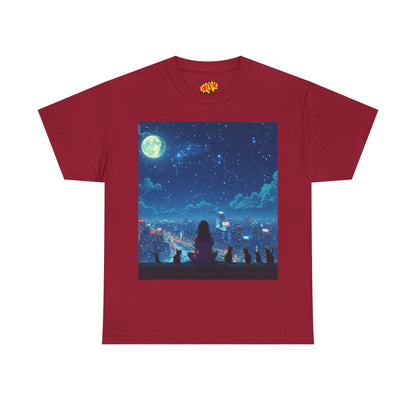Anime Full Moon City Scene w/Girl & Cats T-Shirt
