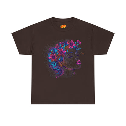 Multicolor Line Drawing Human Flower Graphic Art Tee Shirt