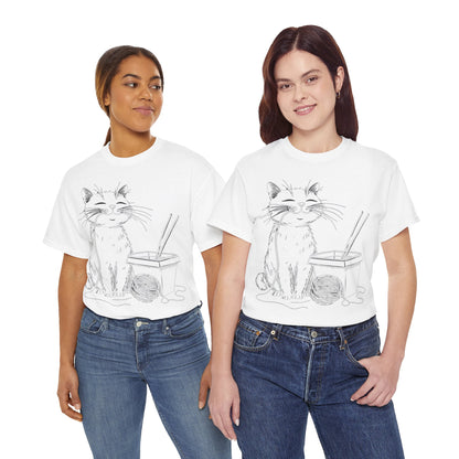 Happy Cat w/Noodles + Yarn Ball Art Drawing Tee Shirt