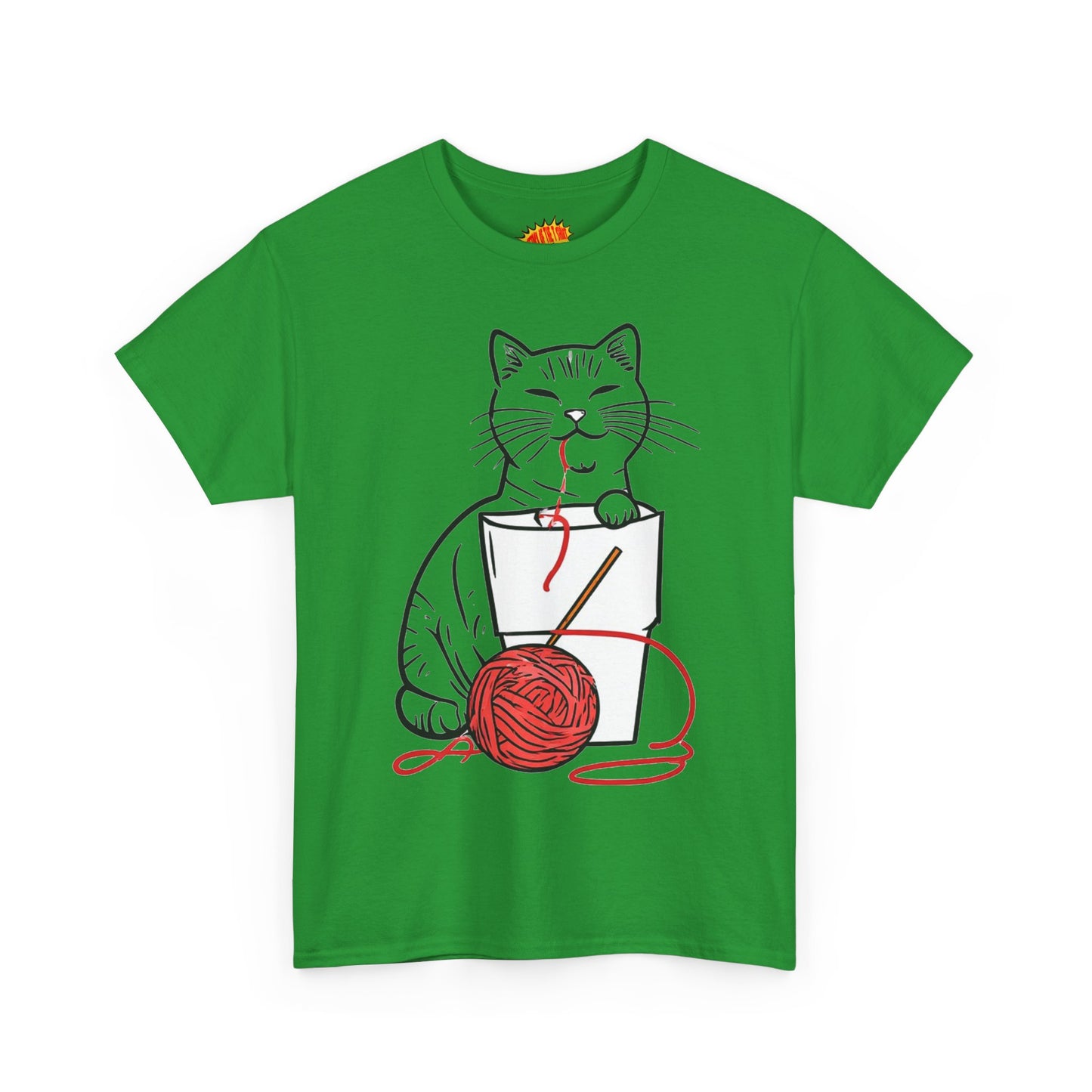 Cat w/Noodle Cup + Yarn Ball Art Drawing Tee Shirt *Multiple Colors*