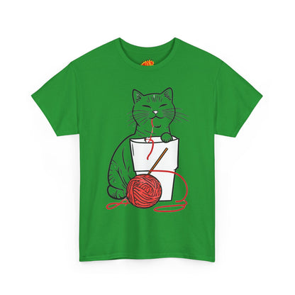 Cat w/Noodle Cup + Yarn Ball Art Drawing Tee Shirt