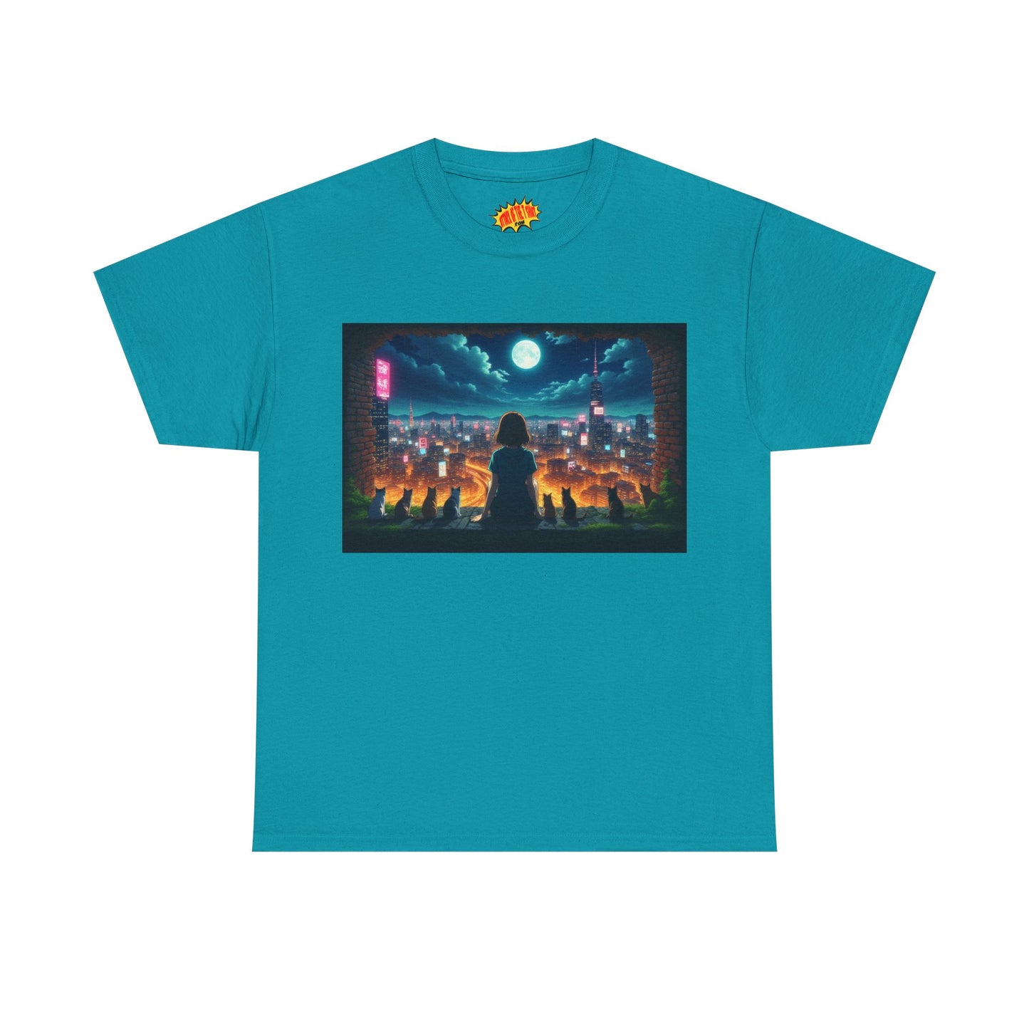 Anime Neon City Night Scene w/Girl & Cats T-Shirt *Multiple Colors*