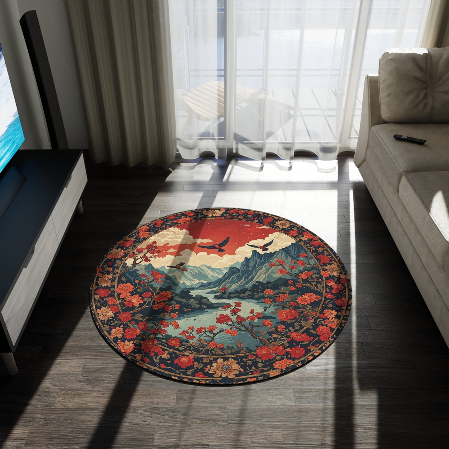 Oriental Style w/Birds + Flowers Rug - 60in Diameter Round Carpet 2
