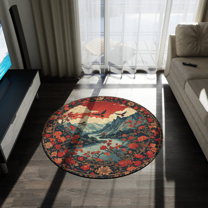 Oriental Style w/Birds + Flowers Rug - 60in Diameter Round Carpet 2