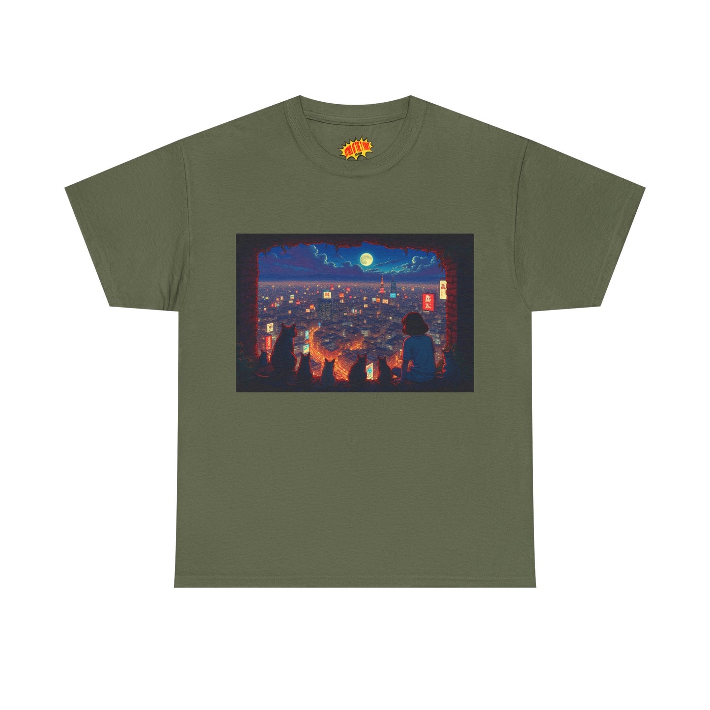 Cityscape Anime Nighttime Scene w/Girl & Cats T-Shirt *Multiple Colors*