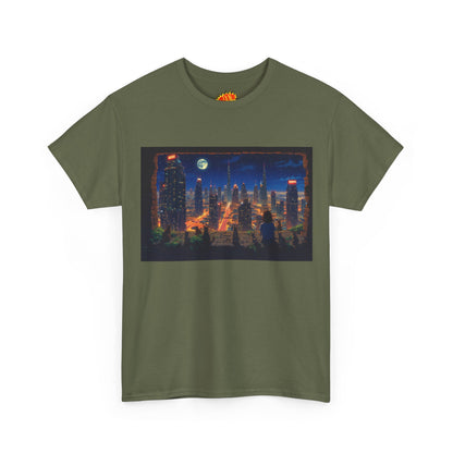 Neon Anime Cityscape Full Moon w/Girl & Cats T-Shirt