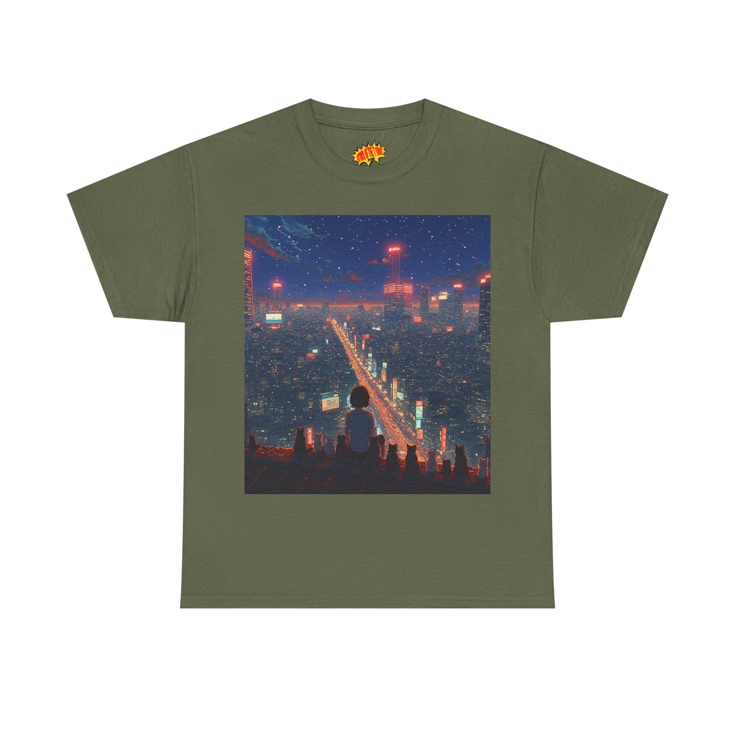 Nighttime Neon Anime City Scene w/Girl & Cats T-Shirt *Multiple Colors*