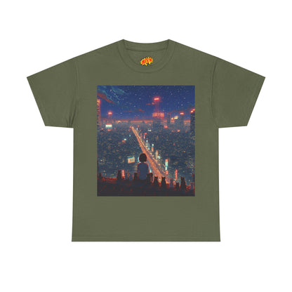 Nighttime Neon Anime City Scene w/Girl & Cats T-Shirt