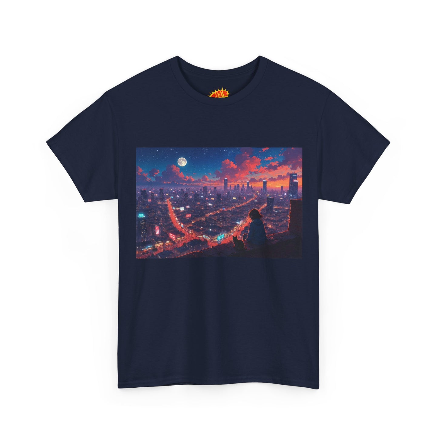 Anime City Neon Night Sky Scene w/Girl & Cats T-Shirt *Multiple Colors*