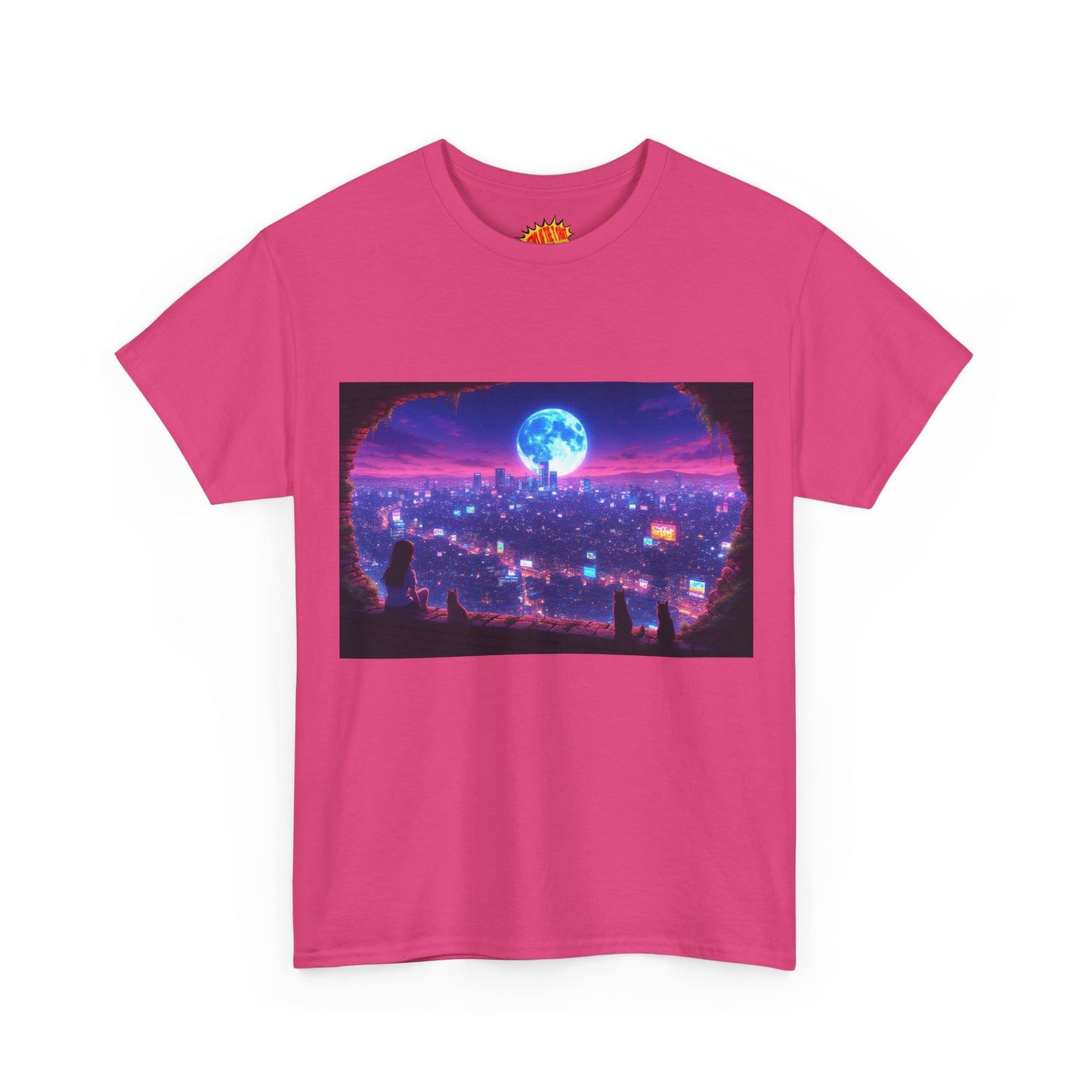 Neon Anime Cityscape Full Moon Scene w/Girl & Cats T-Shirt *Multiple Colors*