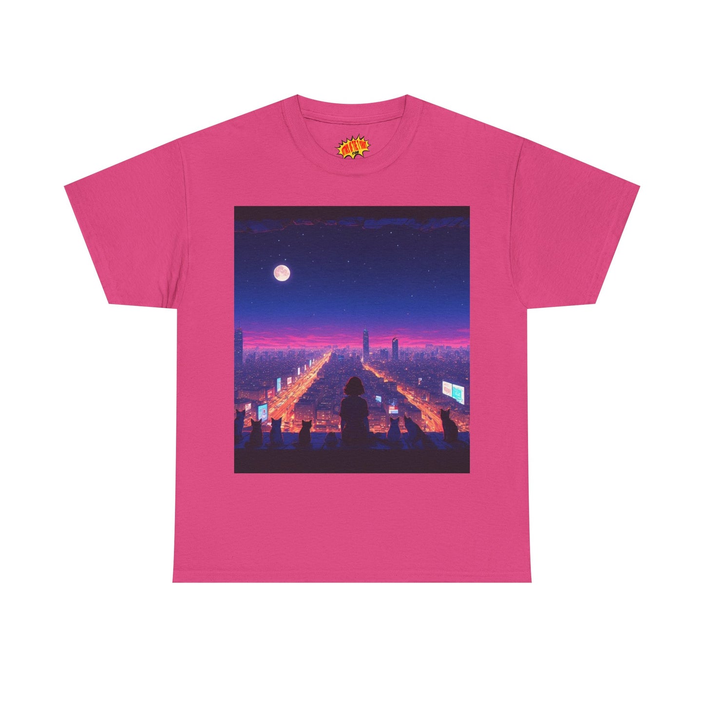 Anime City Full Moon Scene w/Girl & Cats T-Shirt *Multiple Colors*