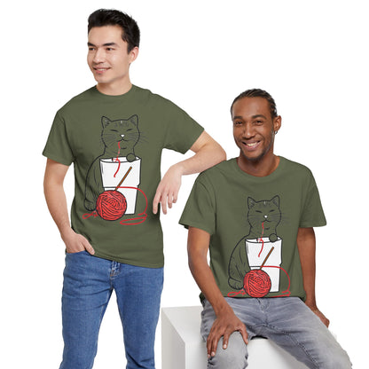 Cat w/Noodle Cup + Yarn Ball Art Drawing Tee Shirt