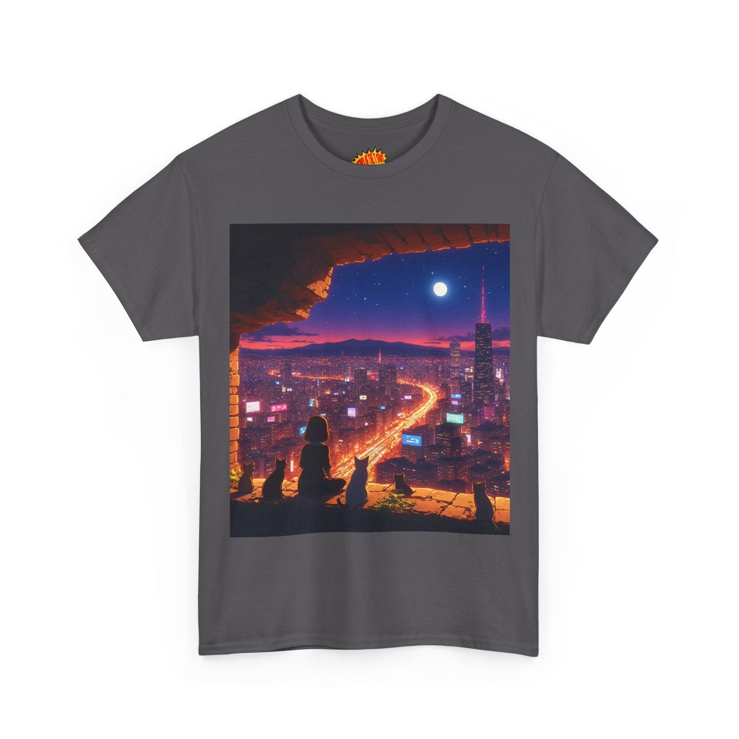 Anime Neon Cityscape Full Moon Scene w/Girl & Cats T-Shirt *Multiple Colors*