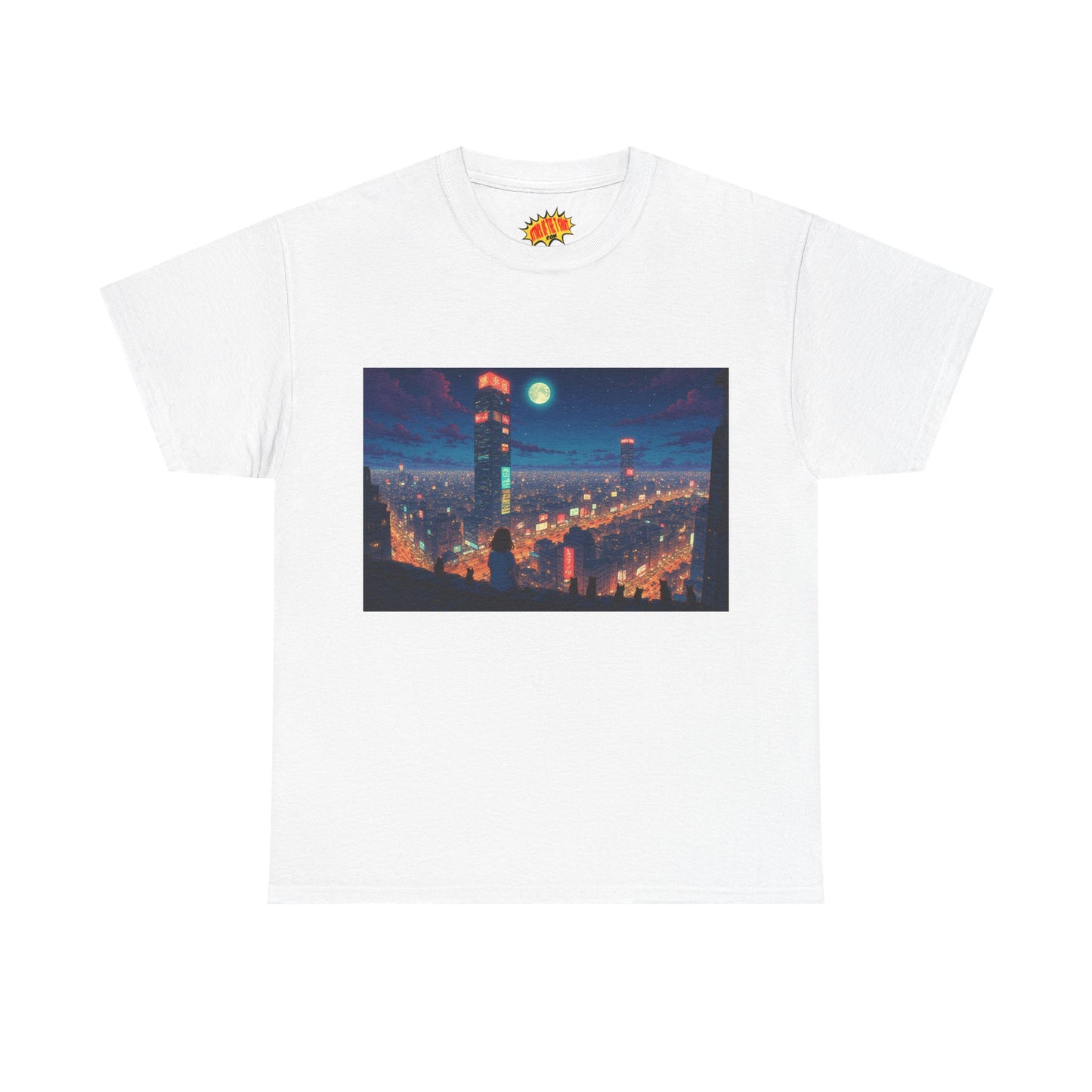 Neon Anime Style City Scene w/Girl & Cats T-Shirt *Multiple Colors*