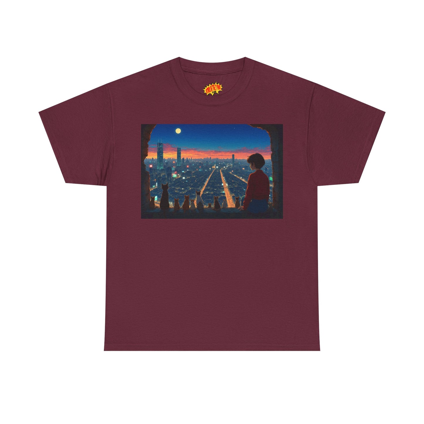 Neon Cityscape Anime Scene w/Girl & Cats T-Shirt *Multiple Colors*