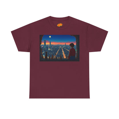 Neon Cityscape Anime Scene w/Girl & Cats T-Shirt