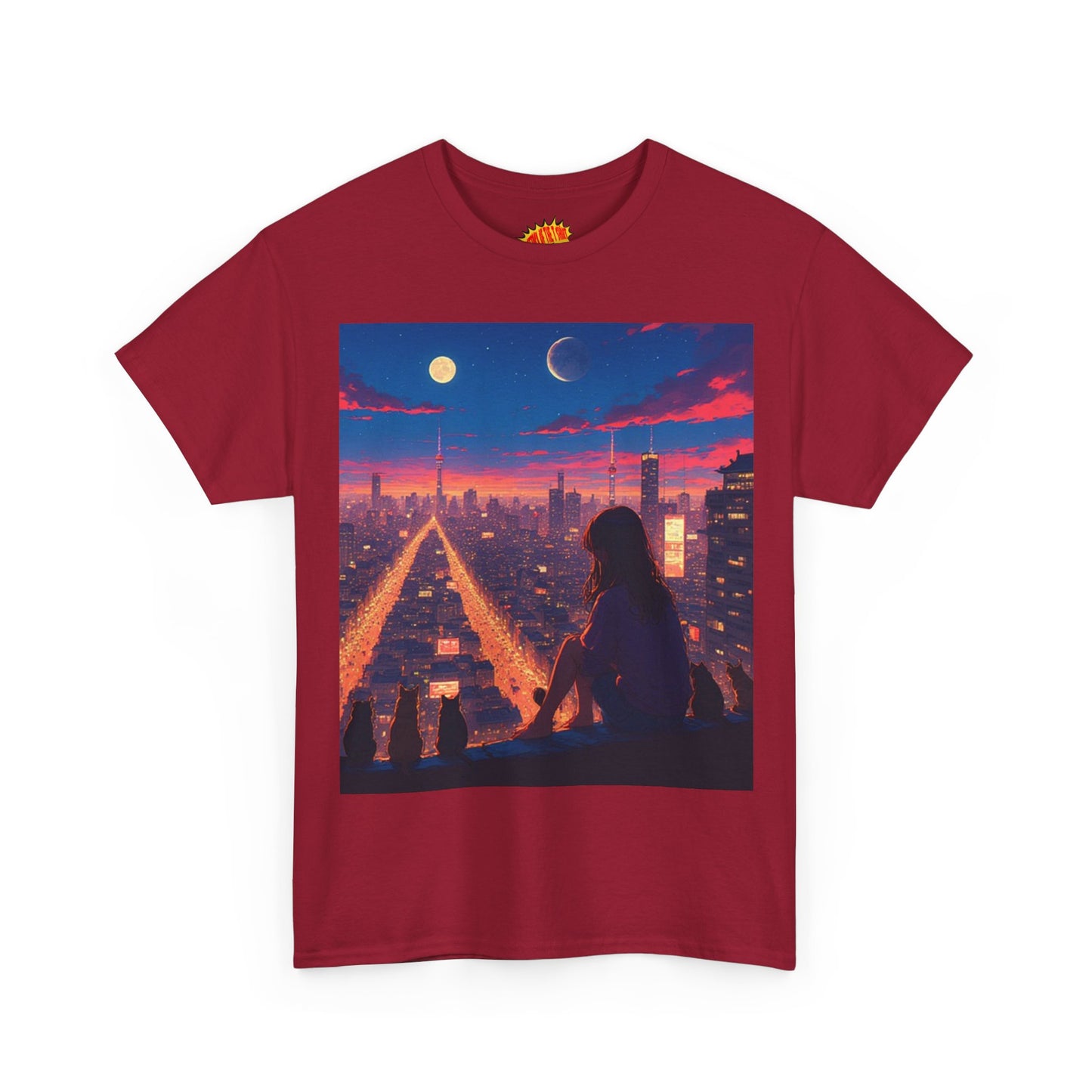 Anime City Twin Moon Scene w/Cats T-Shirt *Multiple Colors*