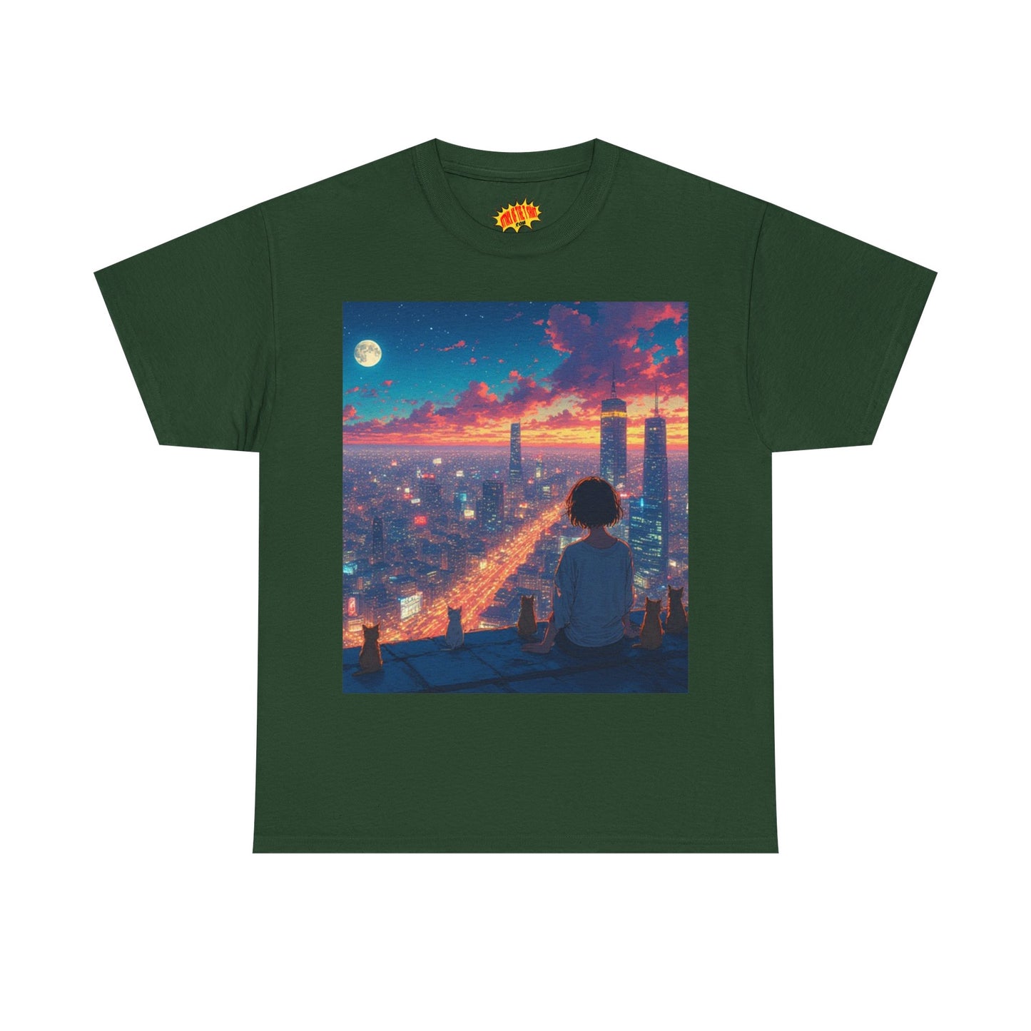 Neon City Anime Nighttime Scene w/Cats T-Shirt *Multiple Colors*