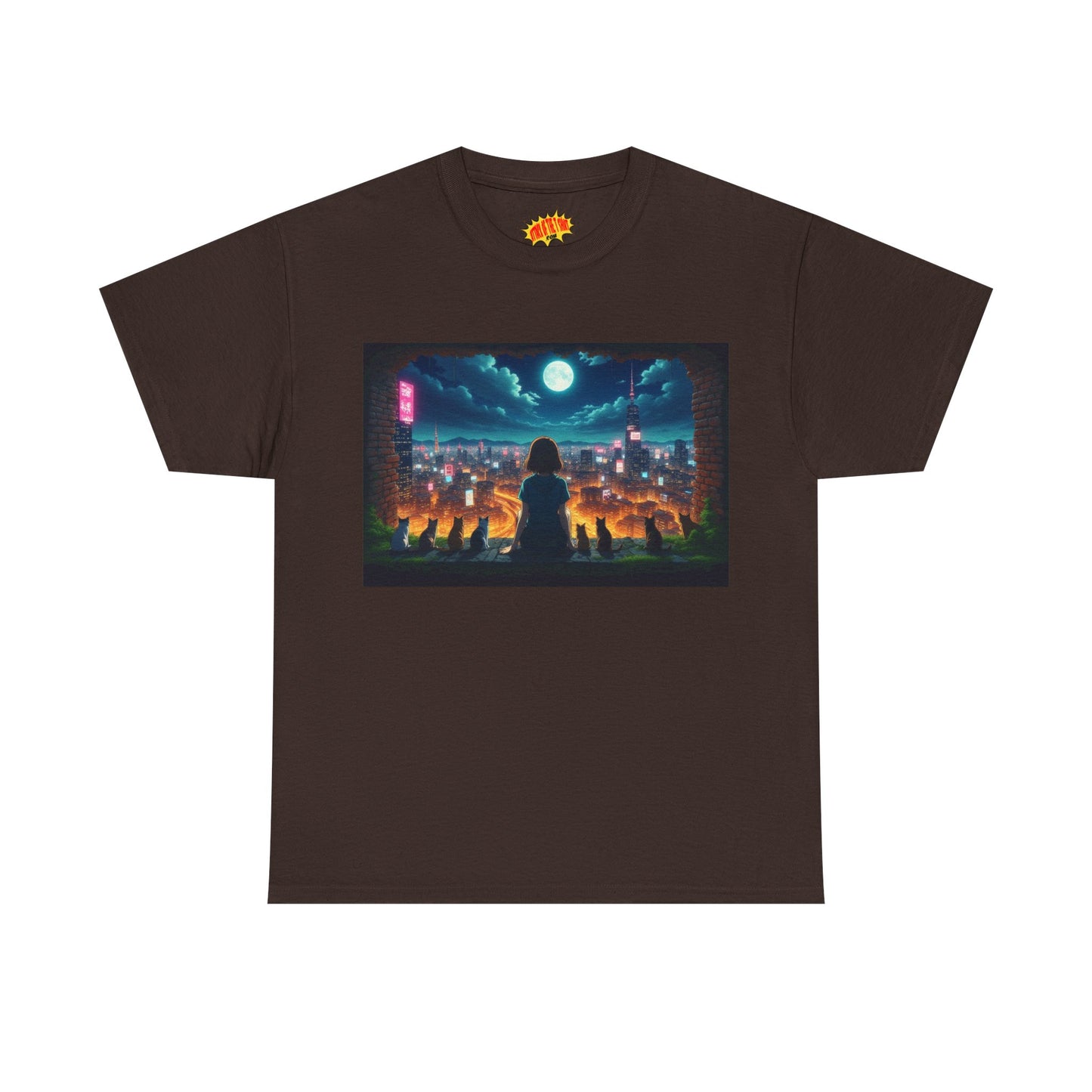 Anime Neon City Night Scene w/Girl & Cats T-Shirt *Multiple Colors*