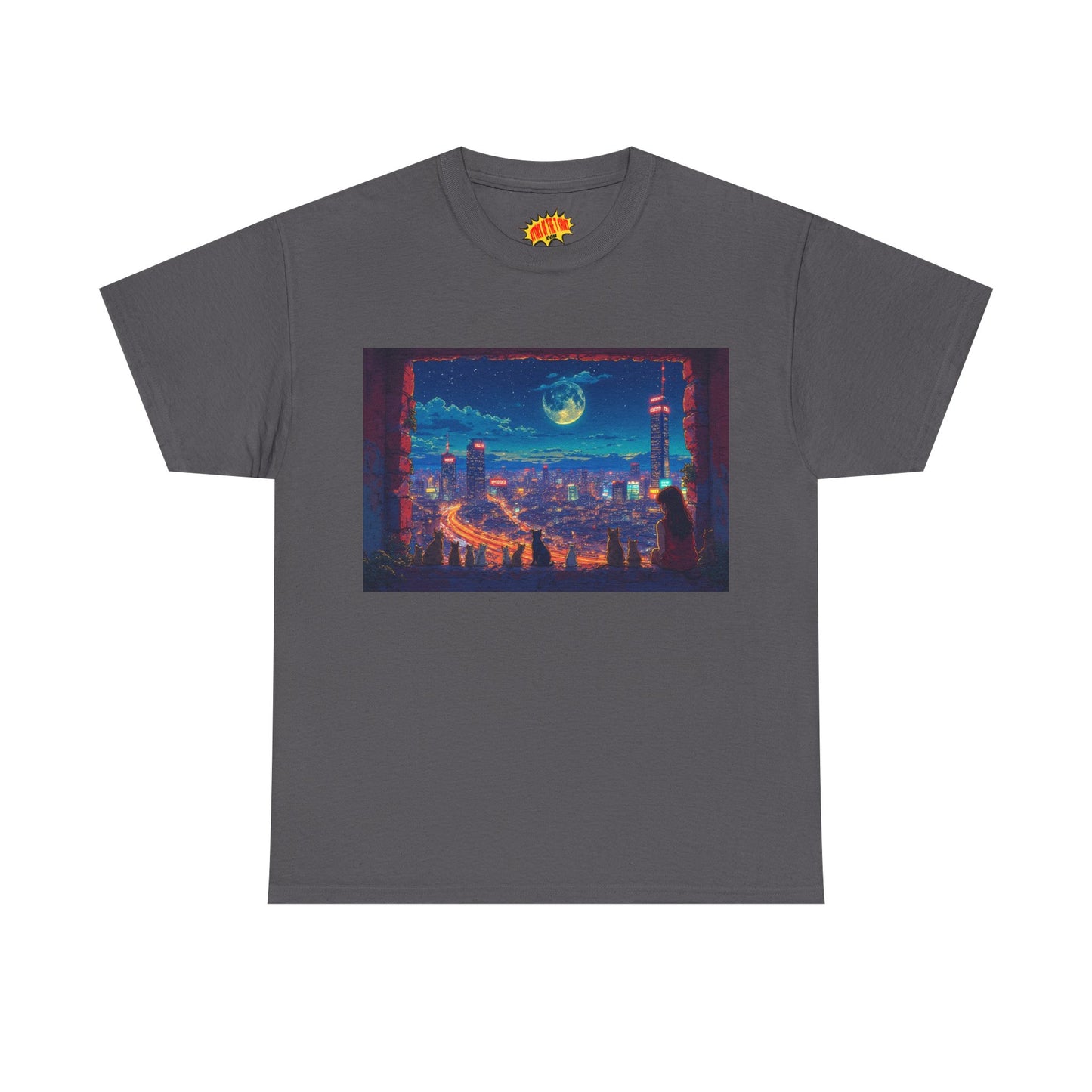 Anime Cityscape Night Scene w/Girl & Cats T-Shirt *Multiple Colors*