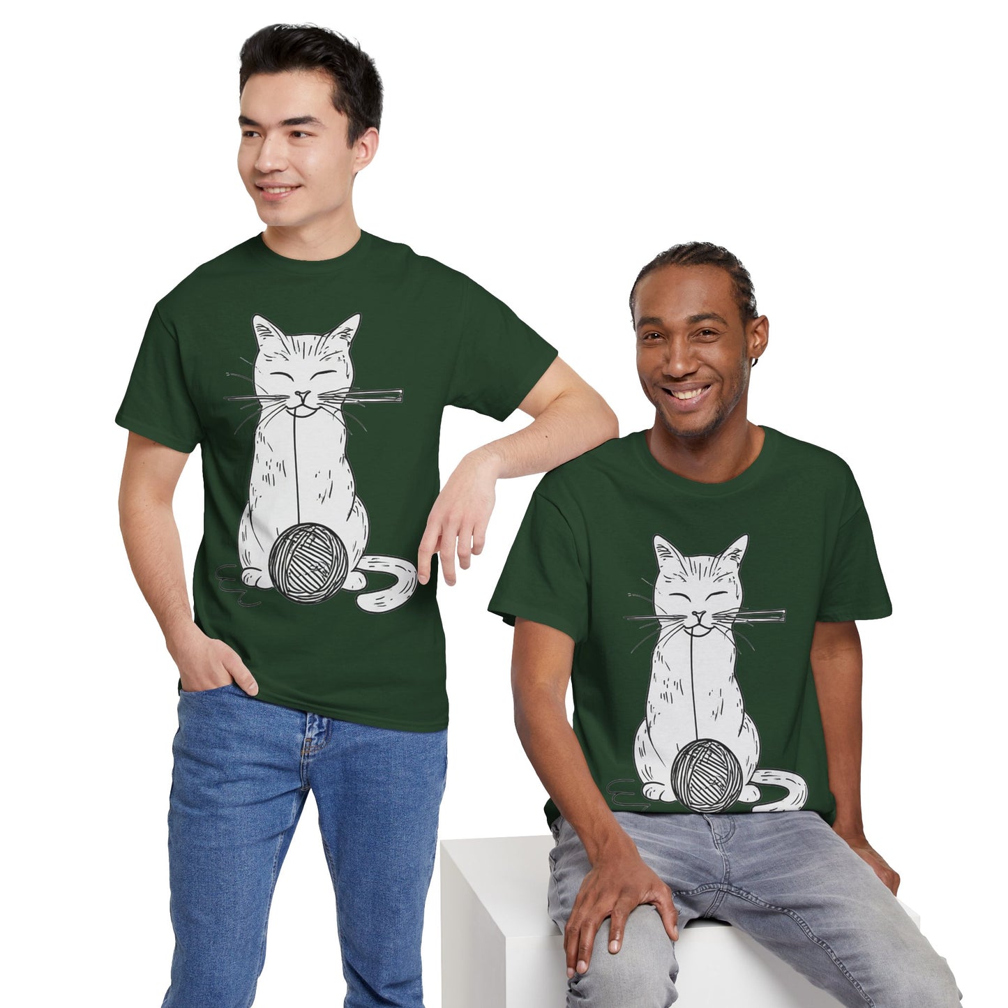 White Cat w/Yarn Ball Art Drawing Tee Shirt *Multiple Colors*