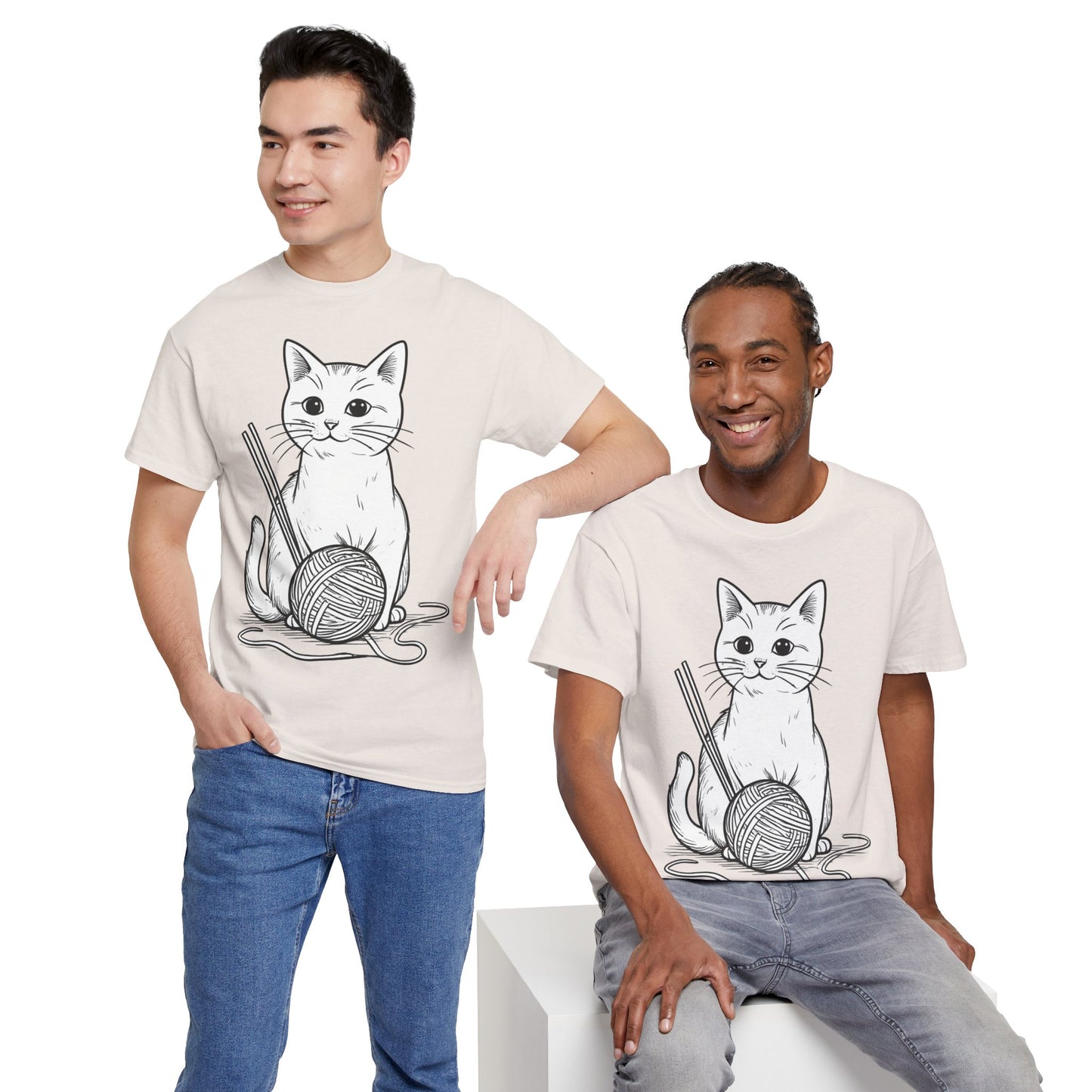White Cat w/Yarn Ball Art Tee Shirt *Multiple Colors*