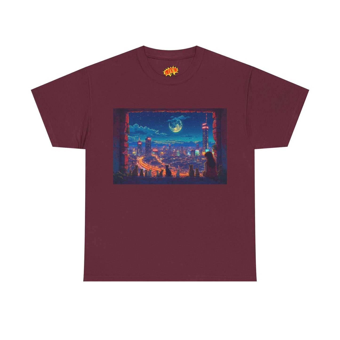 Anime Cityscape Night Scene w/Girl & Cats T-Shirt *Multiple Colors*