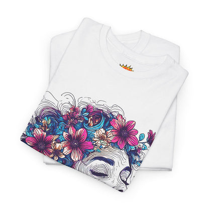 Multicolor Line Drawing Human Flower Graphic Art Tee Shirt
