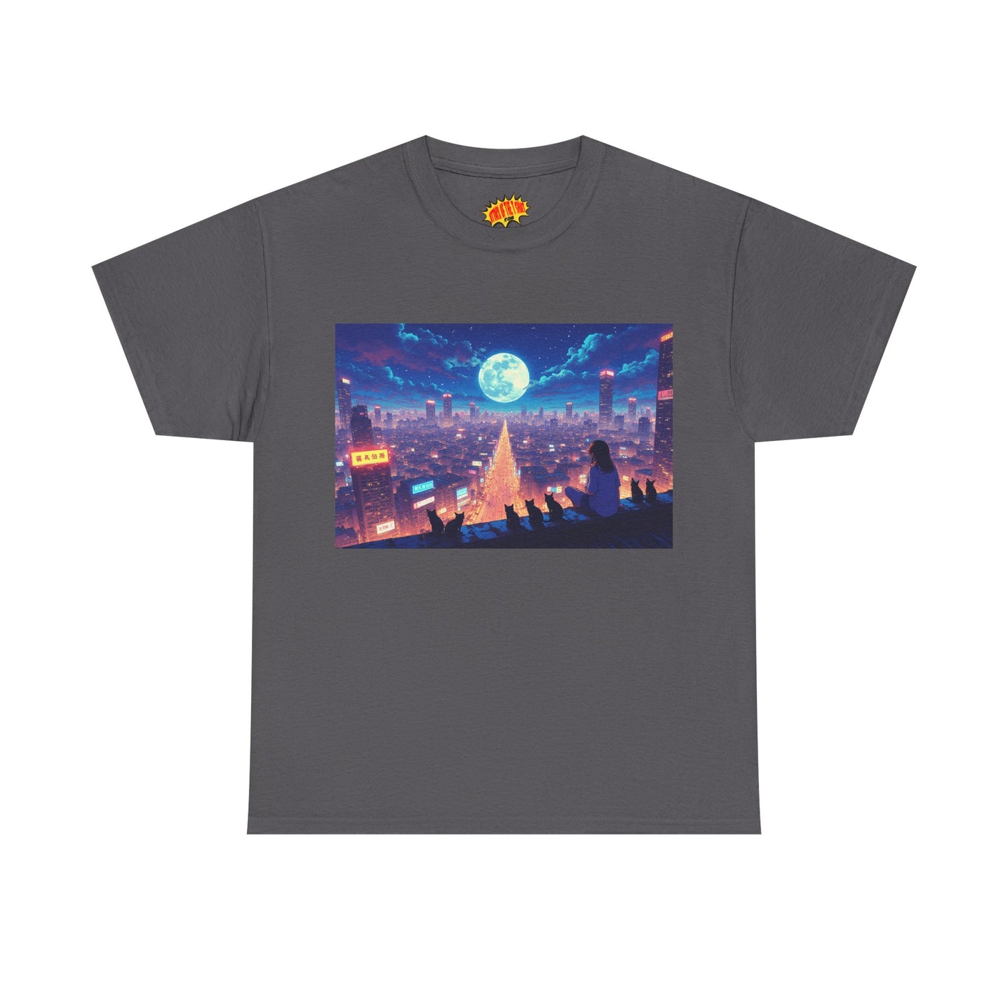 Anime Neon Night Cityscape w/Cats T-Shirt *Multiple Colors*