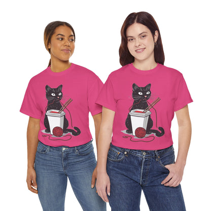 Black Cat w/Noodles + Yarn Ball Art Drawing Tee Shirt