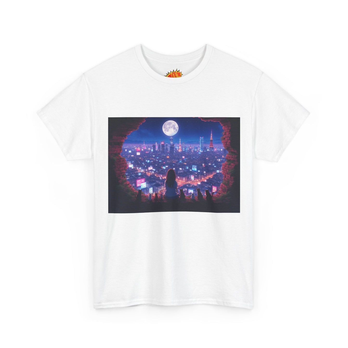Neon Anime City Night Scene w/Girl & Cats T-Shirt *Multiple Colors*