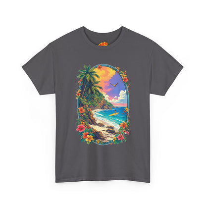 Tropical Beach Scene w/Oval Floral Frame T-Shirt