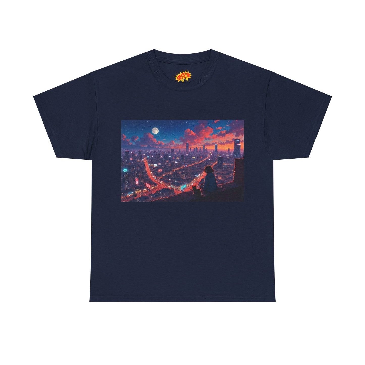 Anime City Neon Night Sky Scene w/Girl & Cats T-Shirt *Multiple Colors*