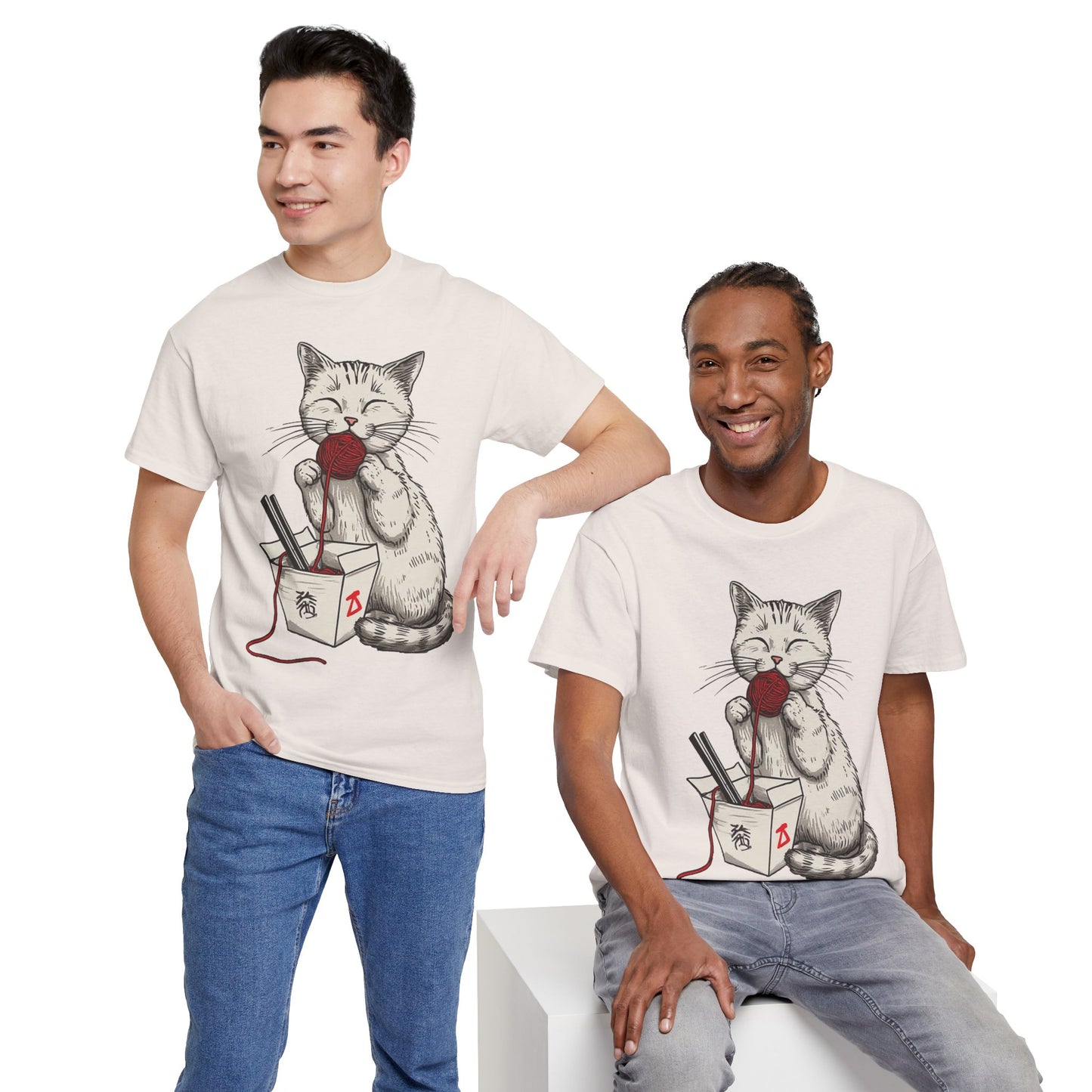 Cat w/Takeout Yarn Noodles Art Tee Shirt *Multiple Colors*