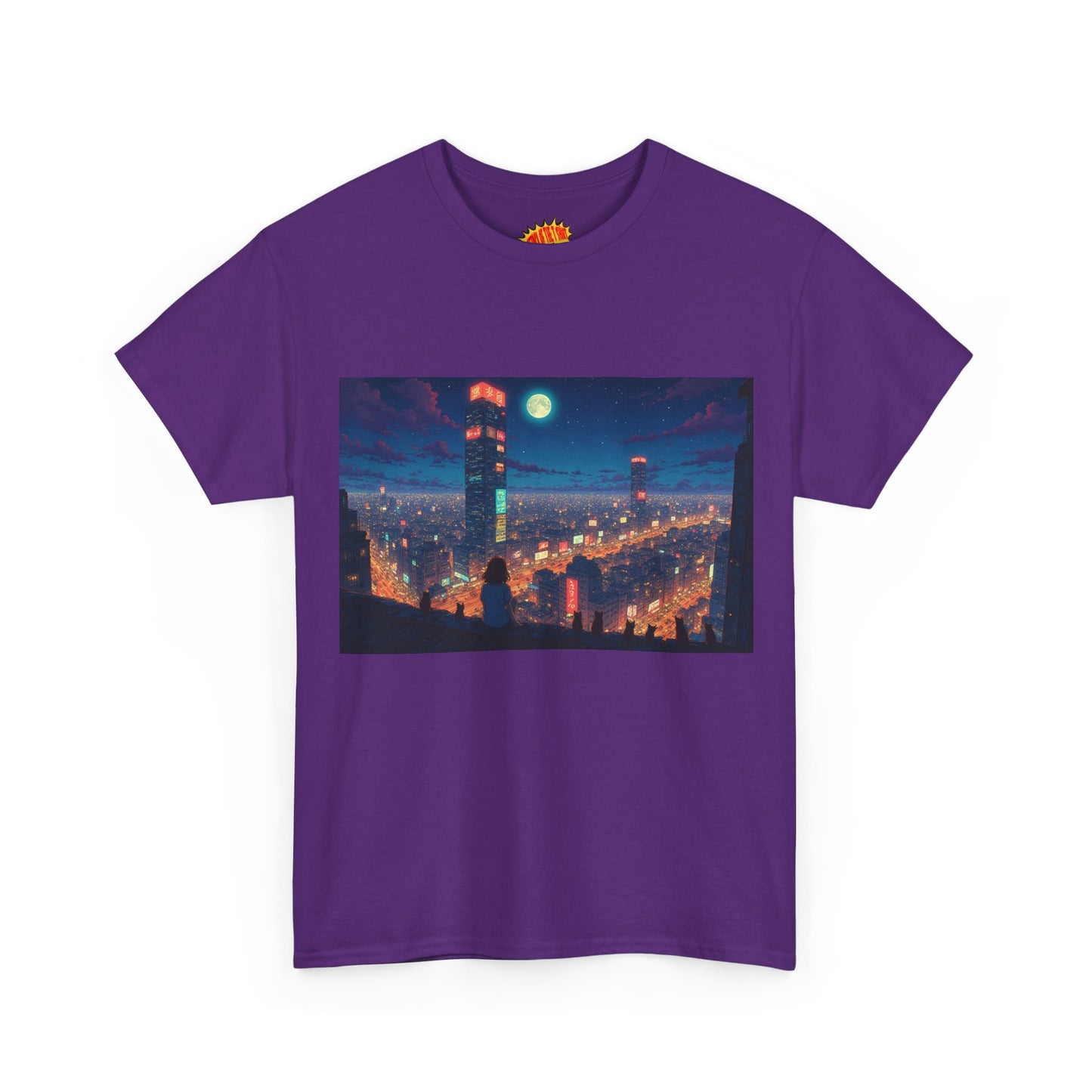 Neon Anime Style City Scene w/Girl & Cats T-Shirt *Multiple Colors*
