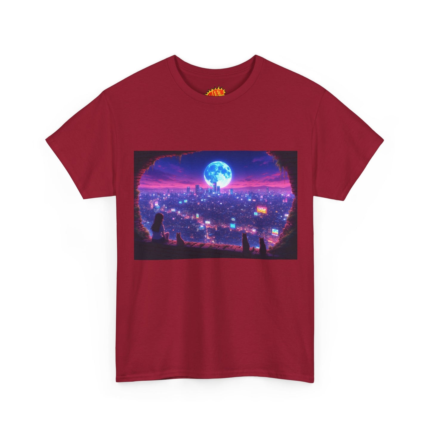 Neon Anime Cityscape Full Moon Scene w/Girl & Cats T-Shirt *Multiple Colors*