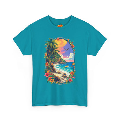 Tropical Beach Scene w/Oval Floral Frame T-Shirt