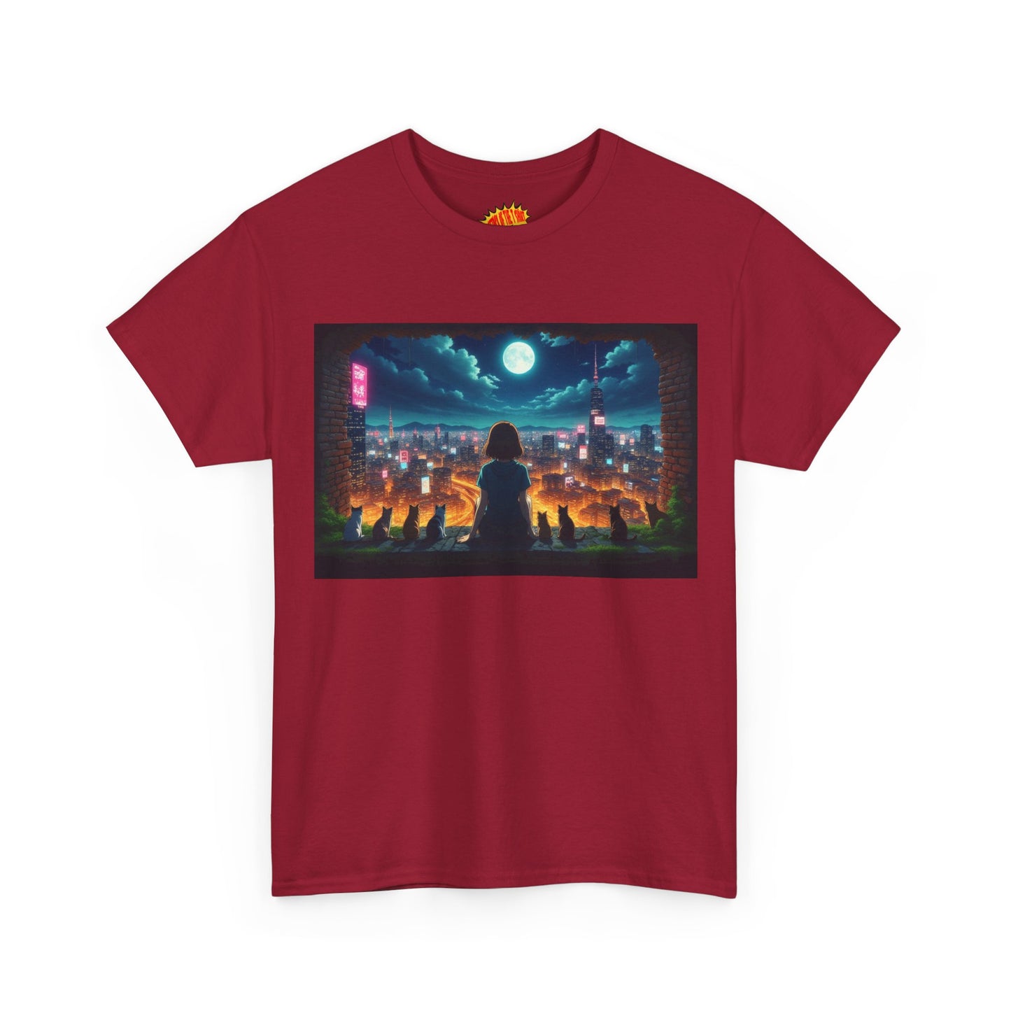 Anime Neon City Night Scene w/Girl & Cats T-Shirt *Multiple Colors*