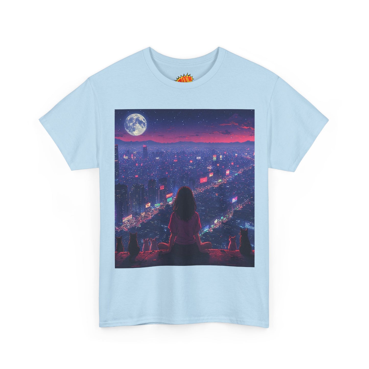 Anime City Neon Night Scene w/Girl & Cats T-Shirt *Multiple Colors*