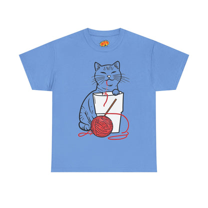 Cat w/Noodle Cup + Yarn Ball Art Drawing Tee Shirt