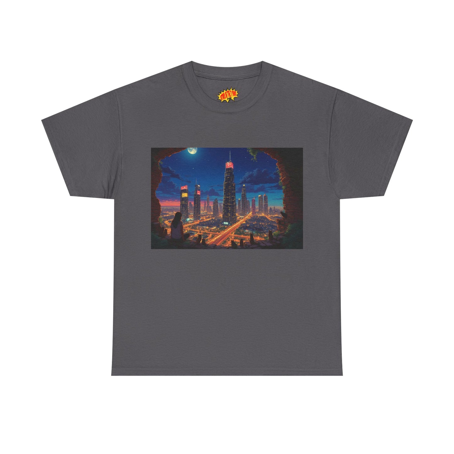 Anime Cityscape Night Scene w/Girl & Cats T-Shirt *Multiple Colors*