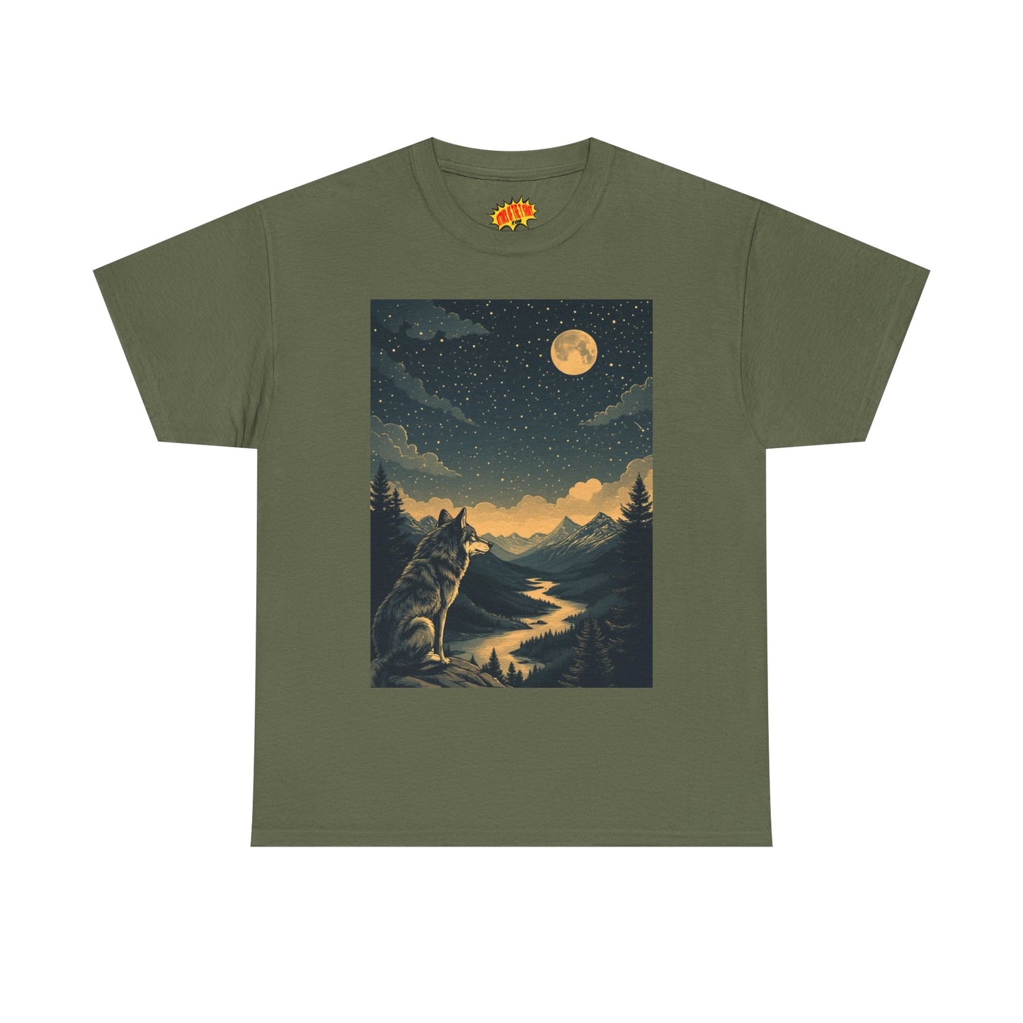 Mountain Wolf with River & Full Moon T-Shirt *Multiple Colors*